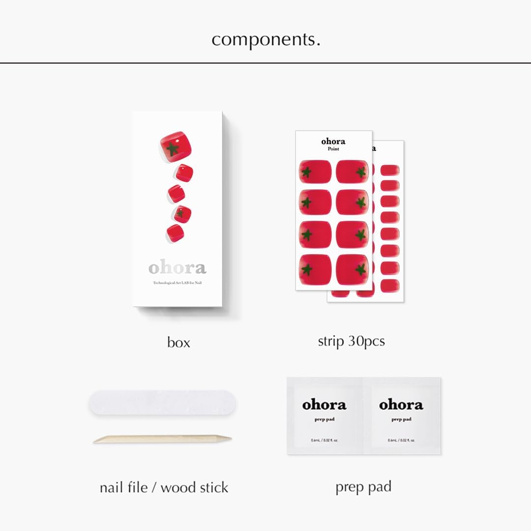 ohora Semi Cured Gel Pedi Strips (P Cherry Tomato) - Works with Any Lamps, Salon-Quality, Long Lasting, Easy to Apply & Remove - Includes 2 Prep Pads, Nail File & Wooden Stick