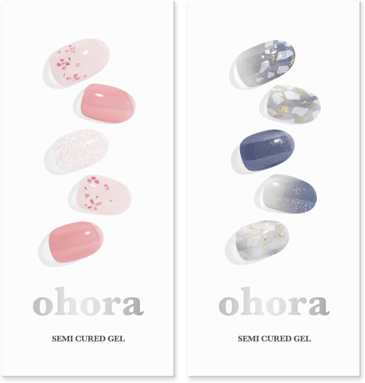 ohora Semi Cured Gel Nail Strips (N Rose Diamond N Gleam Blue) - Works with Any Lamps, Salon-Quality, Long Lasting, Easy to Apply & Remove - Includes 2 Prep Pads, Nail File & Wooden Stick