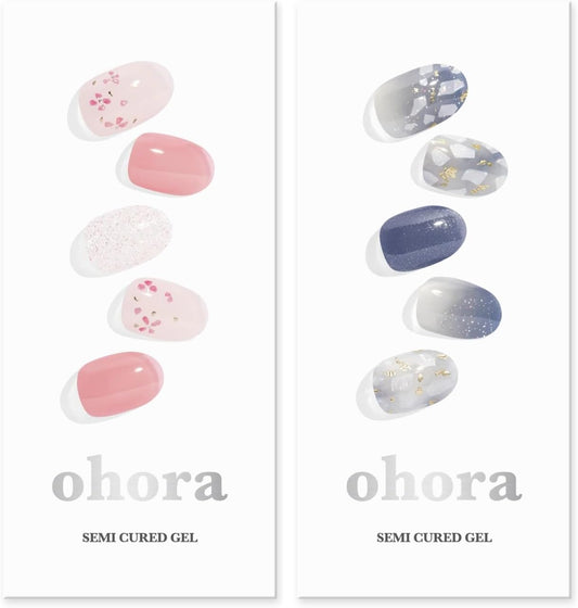 ohora Semi Cured Gel Nail Strips (N Rose Diamond N Gleam Blue) - Works with Any Lamps, Salon-Quality, Long Lasting, Easy to Apply & Remove - Includes 2 Prep Pads, Nail File & Wooden Stick