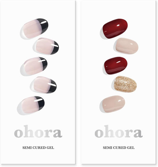 ohora Semi Cured Gel Nail Strips (N Chic French N Rosewood) - Works with Any Lamps, Salon-Quality, Long Lasting, Easy to Apply & Remove - Includes 2 Prep Pads, Nail File & Wooden Stick