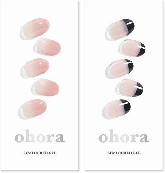 ohora Semi Cured Gel Nail Strips (N Be Pinkish N Chic French) - Works with Any Lamps, Salon-Quality, Long Lasting, Easy to Apply & Remove - Includes 2 Prep Pads, Nail File & Wooden Stick