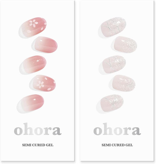 ohora Semi Cured Gel Nail Strips (N Blossom N Dress Up) - Works with Any Lamps, Salon-Quality, Long Lasting, Easy to Apply & Remove - Includes 2 Prep Pads, Nail File & Wooden Stick