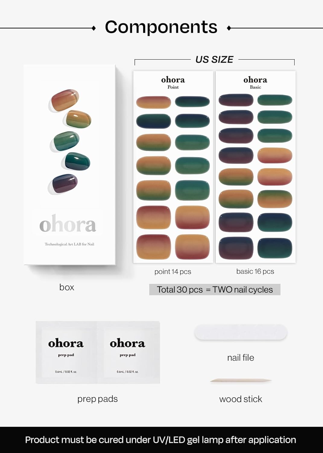 ohora Semi Cured Gel Nail Strips (N Autumn Ombre) - Green/Brown Works with Any UV/LED Lamps, Salon-Quality, Long Lasting, Easy to Apply & Remove - Includes 2 Prep Pads, Nail File & Wooden Stick