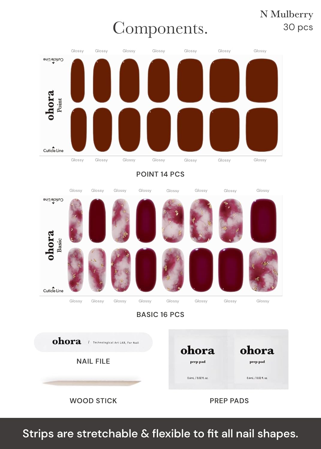 ohora Semi Cured Gel Nail Strips (N Mulberry) - Red, Ombre, Works with Any UV/LED Lamps, Salon-Quality, Long Lasting, Easy to Apply & Remove - Includes 2 Prep Pads, Nail File & Wooden Stick